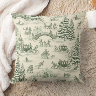 Ivory Forest Green French Country Winter Toile Throw Pillow
