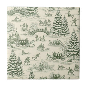 Ivory Forest Green French Country Winter Toile Tile