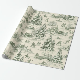 Ivory Forest Green French Country Winter Toile Wrapping Paper