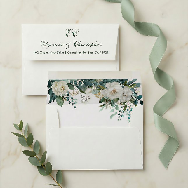 Ivory Forest Teal Script Floral Wedding Envelope (Creator Uploaded)