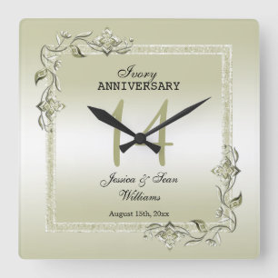 Ivory Gem & Glitter 14th Wedding Anniversary Square Wall Clock