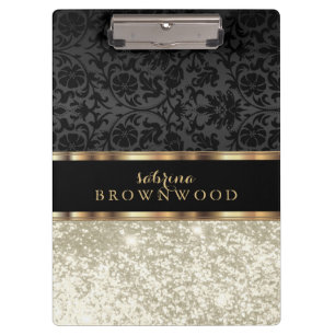 Ivory Glitter and Black Damask Clipboard