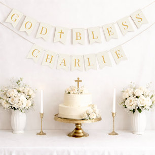 Ivory God Bless 7 Letters Gold Baptism Communion Bunting Flags