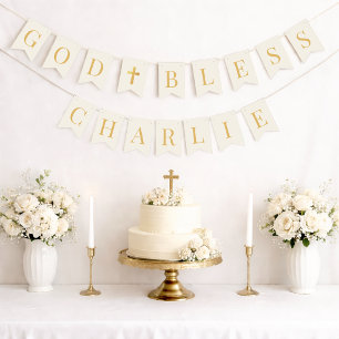 Ivory God Bless 7 Letters Gold Baptism Communion Bunting Flags