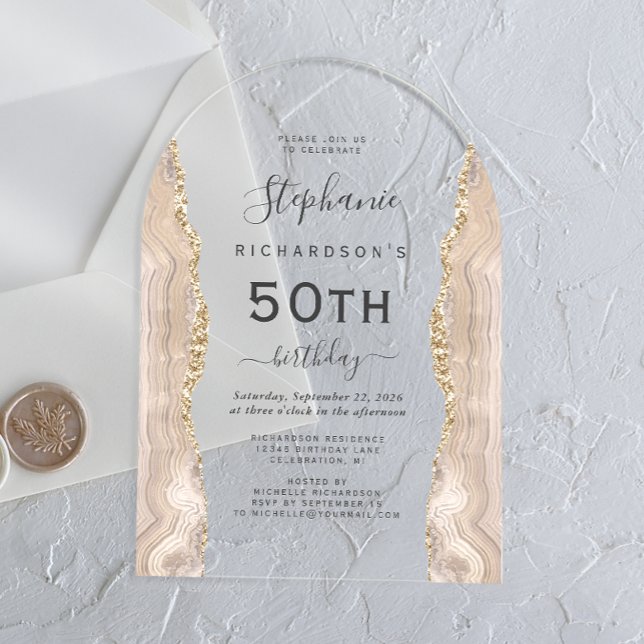 Ivory Gold Agate 50th Birthday Arch Acrylic Invitations (Creator Uploaded)
