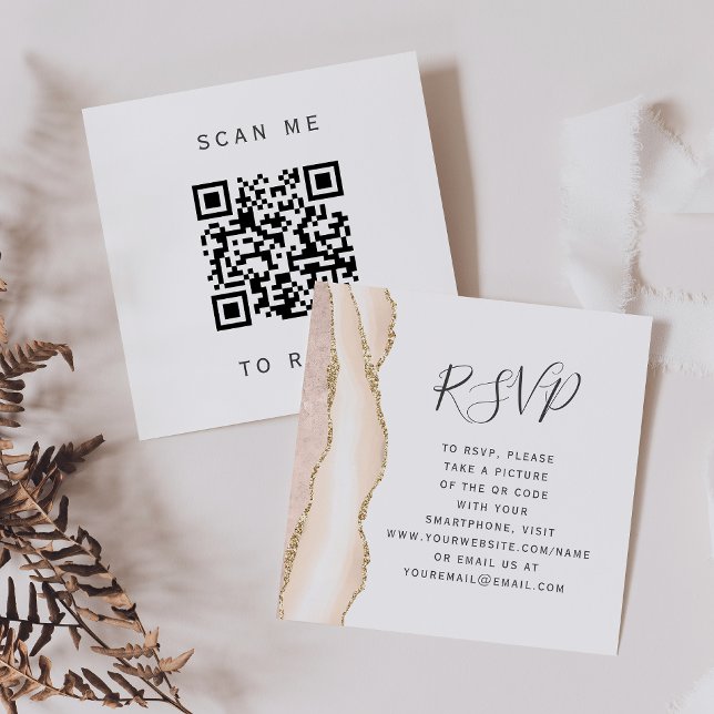 Ivory Gold Agate Wedding QR Code RSVP Enclosure Card (Creator Uploaded)