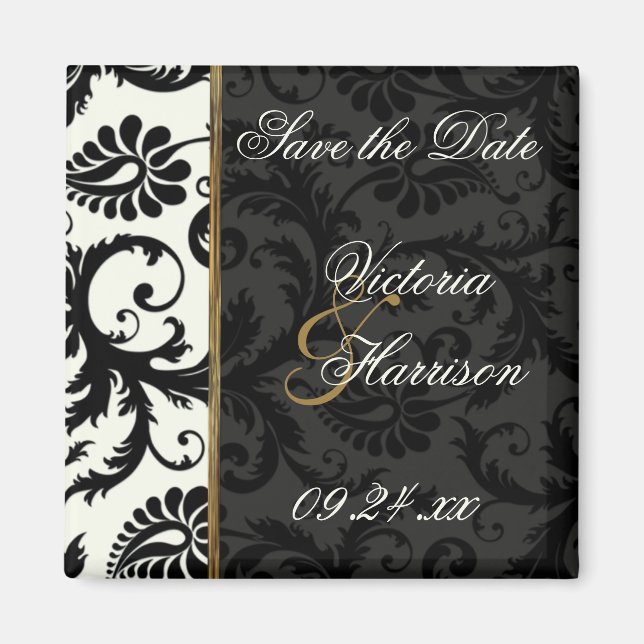 Ivory, Gold, and Black Damask Save the Date Magnet (Front)