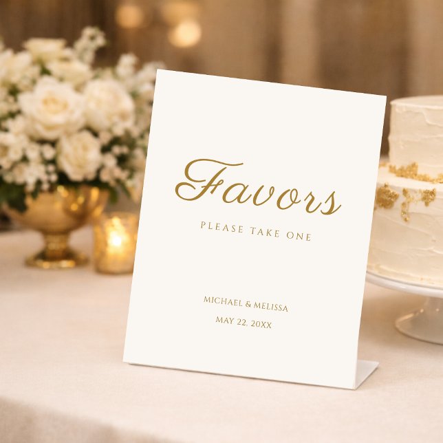 Ivory Gold Anniversary Favors Table Sign (Elegant ivory and gold 50th anniversary favor sign with soft floral glow.)