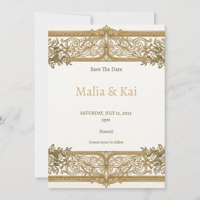 Ivory Gold Baroque Save the Date Card (Front)