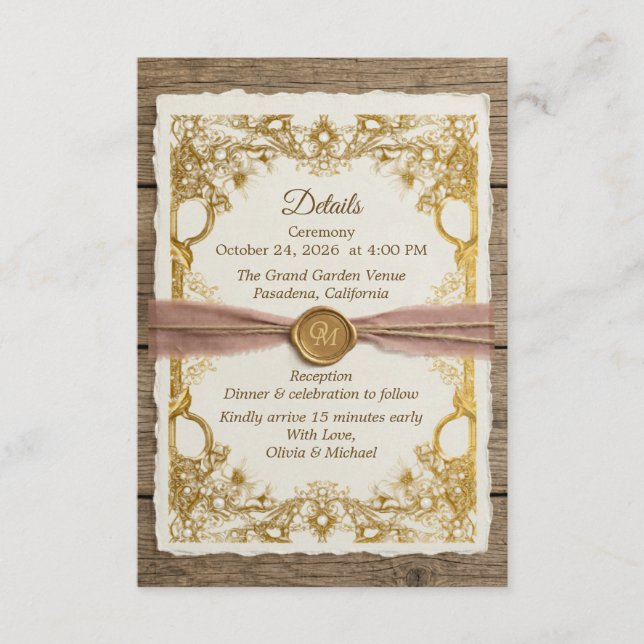 Ivory Gold Boho Floral Rustic Elegant Script Enclosure Card (Front)