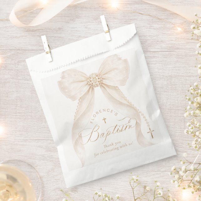 Ivory Gold Bow  Modern Simple Baptism Favour Bag (Clipped)