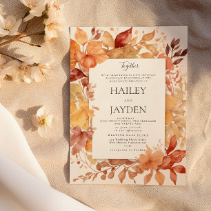 Ivory gold burgundy orange Autumn leaves wedding Invitation