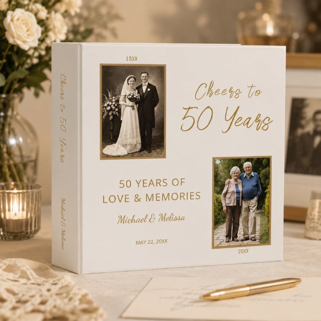 Ivory Gold Cheers to 50 Years Memory Binder (Ivory gold anniversary memory binder celebrating 50 years of love and memories.)