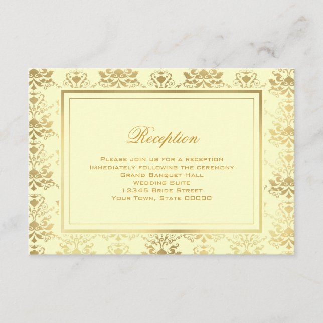 Ivory & Gold Damask Reception Info Card (Front)