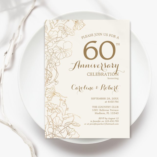Ivory Gold Floral 60th Anniversary Invitation (Creator Uploaded)
