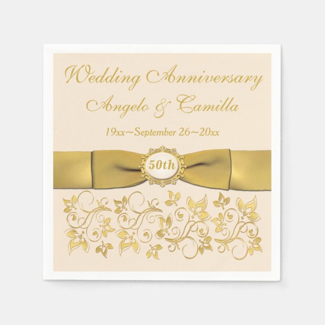 Ivory, Gold Floral Golden Anniversary Napkins 2 (Front)