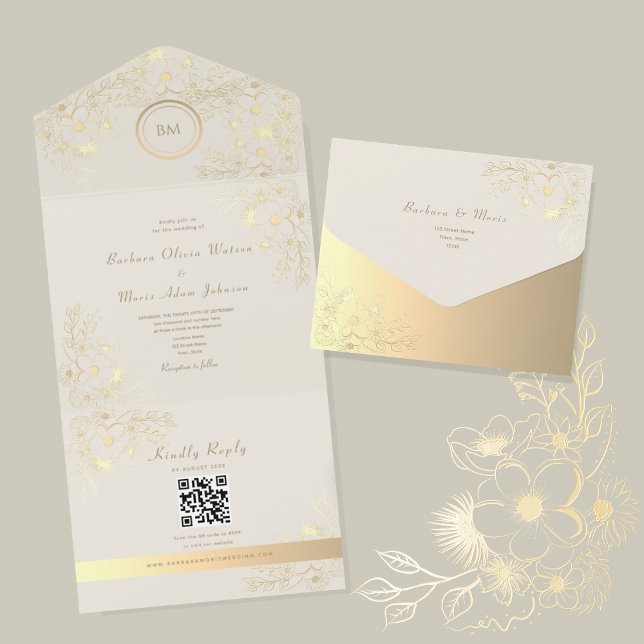 Ivory Gold Floral QR Code Wedding All In One Invitation (Creator Uploaded)