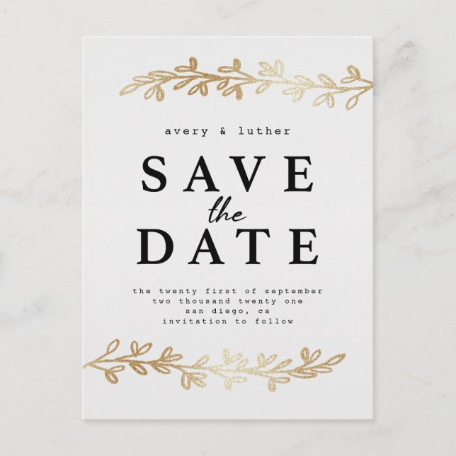 Ivory Gold Foliage Save the Date Announcement Postcard (Front)