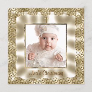Ivory Gold Lace Baby Photo Baptism Christening Card