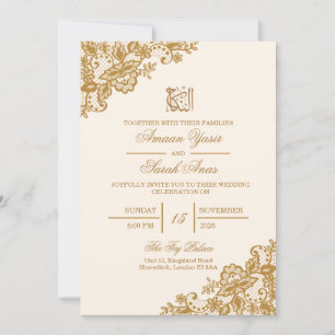 Ivory Gold Lace Floral Nikah Islam Muslim Wedding Invitation