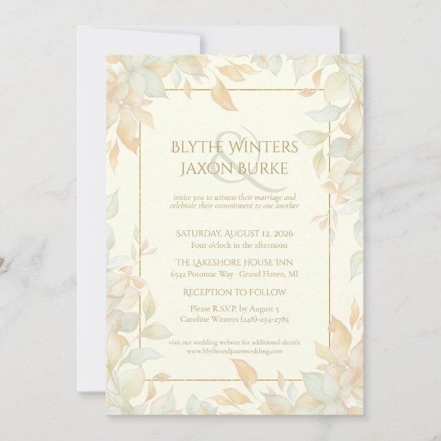 Ivory Gold Leafy Border Botanical Elegant Wedding  Invitation (Front)