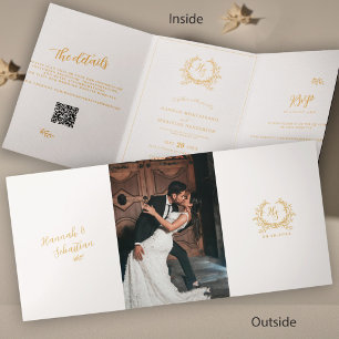 Ivory Gold Monogram Photo QR   RSVP   Details Tri-Fold Card