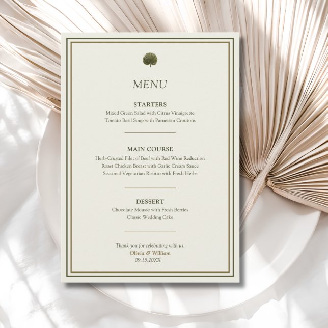 Ivory & Gold Palm Wedding Menu (Ivory & Gold Palm wedding menu with personalized courses, names and date for an elegant reception)