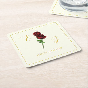 Ivory Gold Rose Wedding Square Paper Coaster