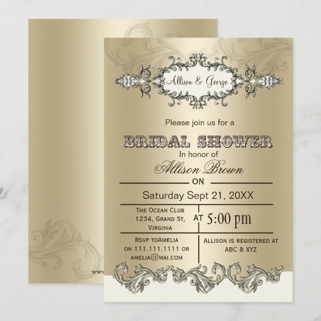 Ivory Gold Scroll Elegant bridal shower Invites (Front/Back)
