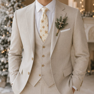 Ivory Gold Watercolor Snowflake Winter Tie