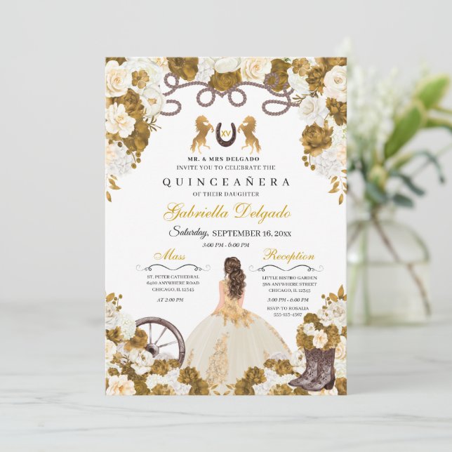 Ivory & Gold Western Charro Cowgirl Quinceanera Invitation (Standing Front)