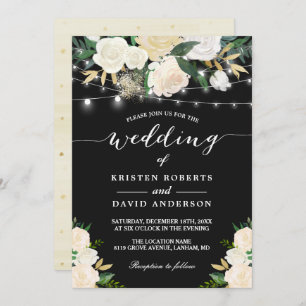 Ivory Gold White Floral String Lights Wedding Invitation