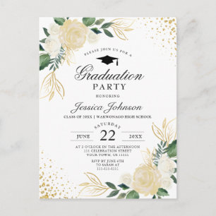 Ivory Golden Floral Graduation Party Invitation Postcard
