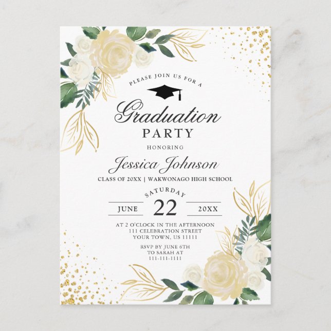 Ivory Golden Floral Graduation Party Invitation Postcard (Front)