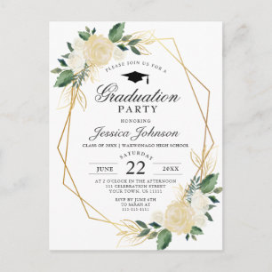 Ivory Golden Floral Graduation Party Invitation Postcard