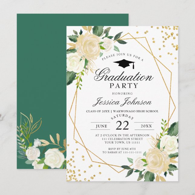 Ivory Golden Floral Modern Frame Graduation Party Invitation (Front/Back)