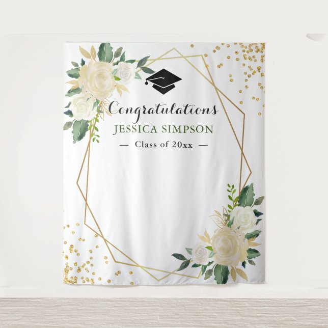 Ivory Golden Floral Modern Photo Grad Backdrop Tapestry (Front)