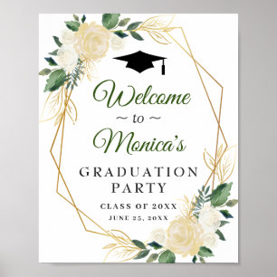 Ivory Golden Floral Welcome Graduation Party Poster