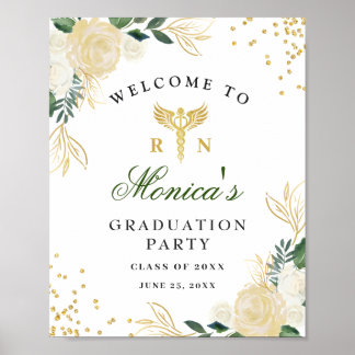 Ivory Golden Floral Welcome Graduation Party Poster
