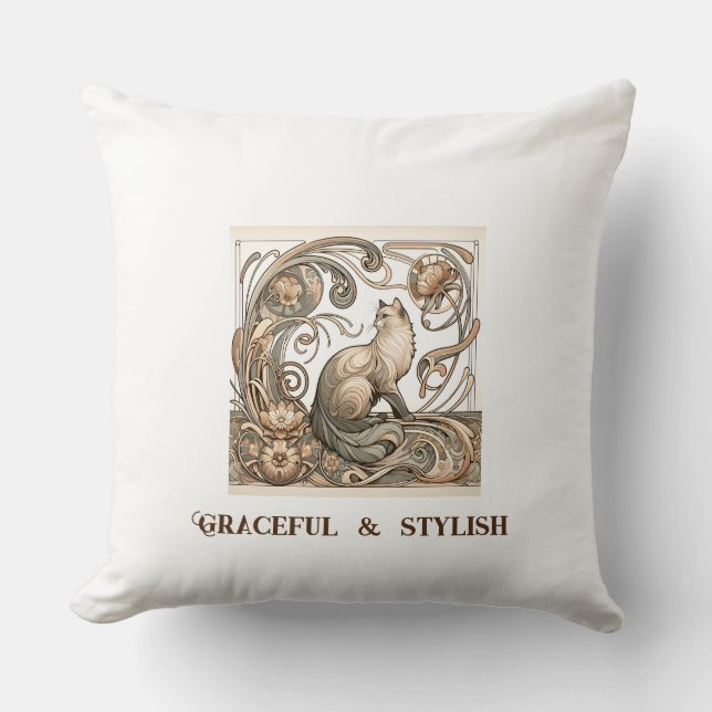 Ivory Graceful and Stylish Art Nouveau Cat Throw Pillow (Front)