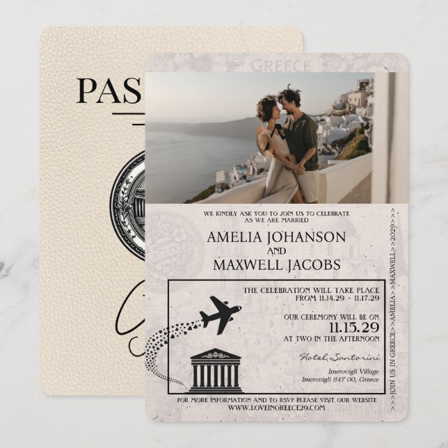 Ivory Greece Passport Wedding Invitation (Front/Back)