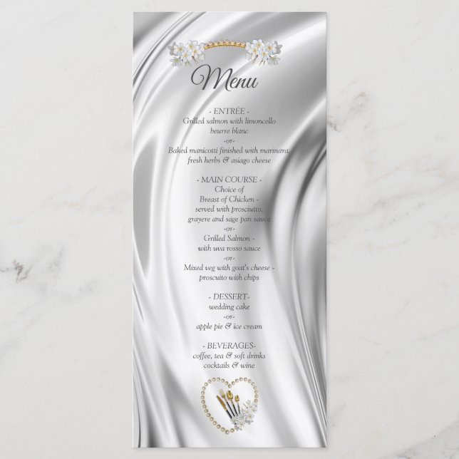 Ivory,Green,Blue,Gold Silk & Pearls Menu (Front)