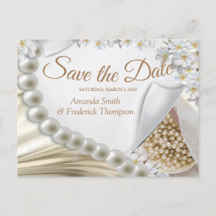 Ivory,Green,Blue,gold Silk & Pearls Save the Date Announcement Postcard