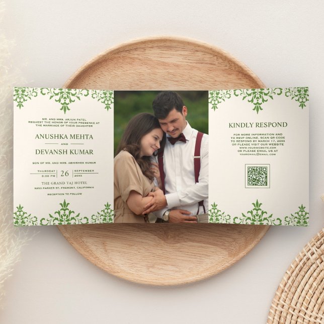 Ivory Green Damask Ethnic QR Code Indian Wedding Tri-Fold Invitation (Creator Uploaded)