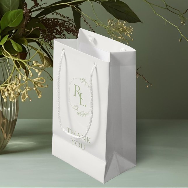 Ivory | Green Floral Monogram Wedding Thank You Small Gift Bag (Creator Uploaded)