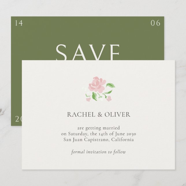 Ivory & Green | Floral Rose Wedding Save The Date (Front/Back)