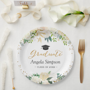 Ivory Green Gold Floral Graduation Graduate Paper Plate