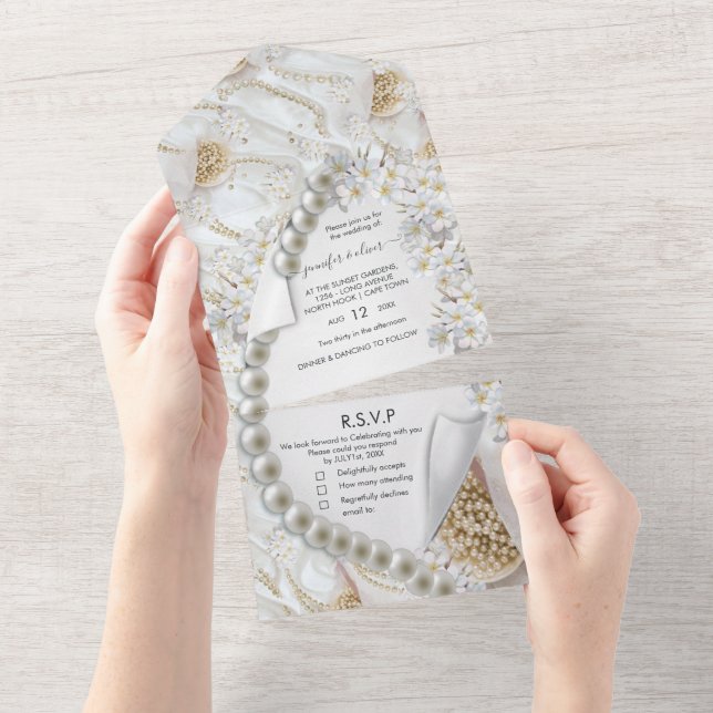 Ivory-Green-Gold Pearls All in One Wedding Invite (Tearaway)