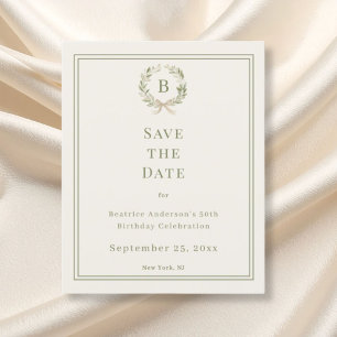 Ivory green monogram wreath birthday save the date flyer