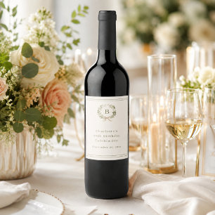 Ivory green monogram wreath birthday wine label